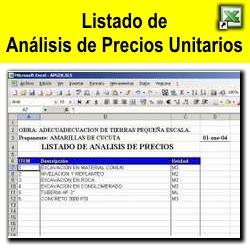 Hoja con Listado de APU en Excel
