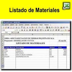 Hoja con Listado de Materiales en Excel