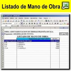 Hoja con Listado de Mano de Obra en Excel