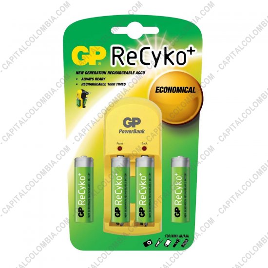 Bater&iacute;as y cargadores, Marca: GP - Cargador de Pilas GP Recyko de bater&iacute;as AA y AAA con cuatro (4) pilas AA de 2100 mAh