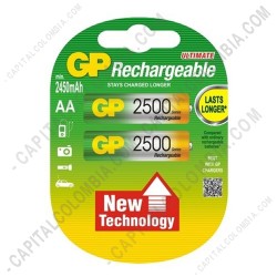 Ampliar foto de Pila Recargable AA 1.2V marca GP 2500 mAh - Paquete de dos (2) baterías