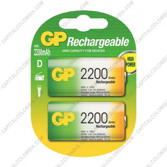 Baterías y cargadores, Marca: GP - Pila Recargable D 1.2V marca GP 2200 mAh - Paquete de dos (2) baterías