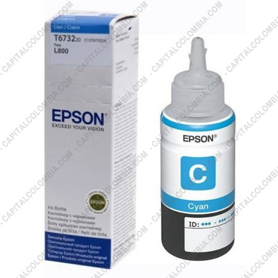 Cintas para impresoras POS, Tonner, CD, DVD y Otros, Marca: Epson - Botella de Tinta Epson Cyan de 70ml para Impresora L800 (Ref. T673220)