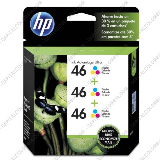 Cintas para impresoras POS, Tonner, CD, DVD y Otros, Marca: HP - Cartucho de Tinta HP 46 Tricolor x 3 Unidades para Impresora Deskjet Ultra Ink Advantage 2529/4729 para 750 P&aacute;ginas por cada cartucho Aprox. (Ref. M0H60AL)