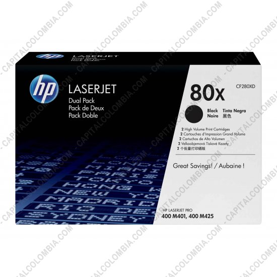 Cintas para impresoras POS, Tonner, CD, DVD y Otros, Marca: HP - Toner HP 80x Negro x 2 Unidades para Laserjet Pro 400 M401 para 6.900 P&aacute;ginas Aprox. (Ref. CF280XD)