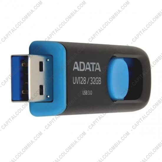 Discos duros externos, de estado sólido, Memorias USB, Kingston, Marca: Adata - Memoria USB ADATA de 32GB Retractil Negra con Azul - Ref. AUV128-32G-RBE