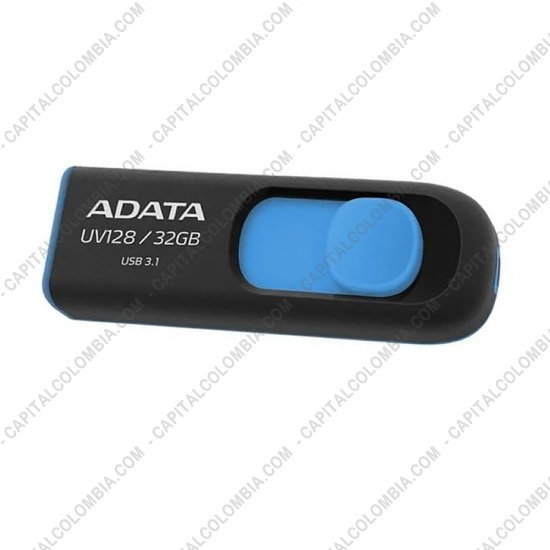 Discos duros externos, de estado s&oacute;lido, Memorias USB, Kingston, Marca: Adata - Memoria USB ADATA de 32GB Retractil Negra con Azul - Ref. AUV128-32G-RBE