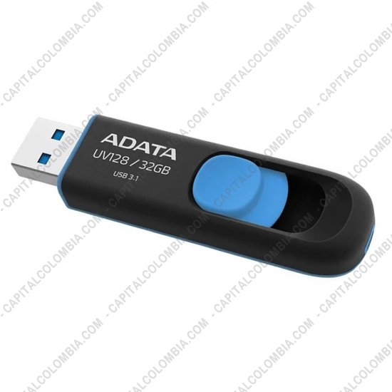 Discos duros externos, de estado s&oacute;lido, Memorias USB, Kingston, Marca: Adata - Memoria USB ADATA de 32GB Retractil Negra con Azul - Ref. AUV128-32G-RBE