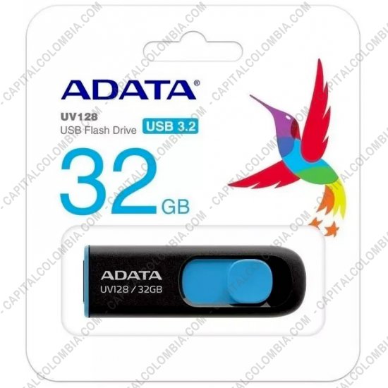 Discos duros externos, de estado s&oacute;lido, Memorias USB, Kingston, Marca: Adata - Memoria USB ADATA de 32GB Retractil Negra con Azul - Ref. AUV128-32G-RBE