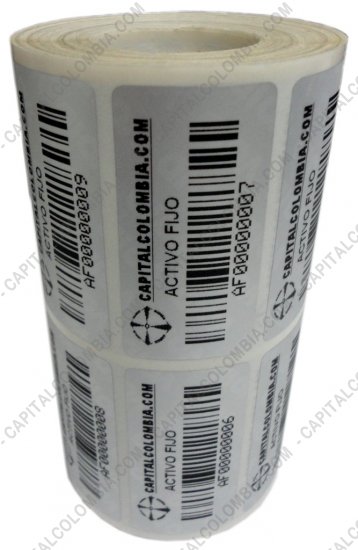 Impresión de etiquetas activos fijos y productos (metalizadas y en papel), Marca: CapitalColombia - Venta de 2.500 etiquetas impresas metalizadas para activos fijos con pegante de seguridad (Incluye etiquetas e impresión)