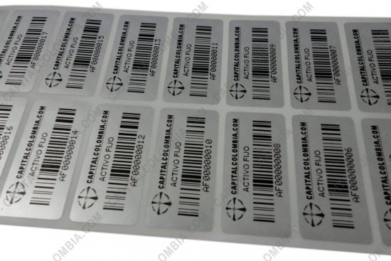 Impresi&oacute;n de etiquetas activos fijos y productos (metalizadas y en papel), Marca: CapitalColombia - Venta de 500 etiquetas impresas metalizadas para activos fijos con pegante de seguridad (Incluye etiquetas e impresi&oacute;n)