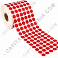 Rollo de etiquetas circulares color rojo en papel de transferencia de 20.000 r&oacute;tulos a seis columnas de 1.3cms x 1.3cms (13x13mm) - Marca CapitalColombia