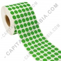 Rollo de etiquetas circulares color verde en papel de transferencia de 20.000 rótulos a seis columnas de 1.3cms x 1.3cms (13x13mm)
