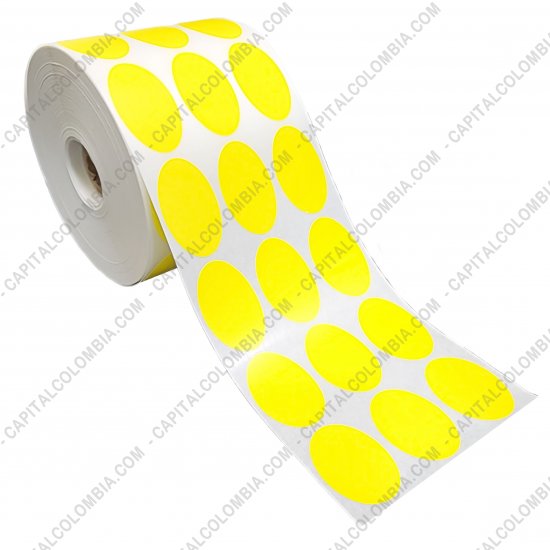 Rollos de etiquetas adhesivas y Nylon Textil, Marca: CapitalColombia - Rollo de etiquetas ovaladas color amarillo en papel de transferencia de 5.000 rótulos a tres columnas de 2.5cms x 4cms (25x40mm)