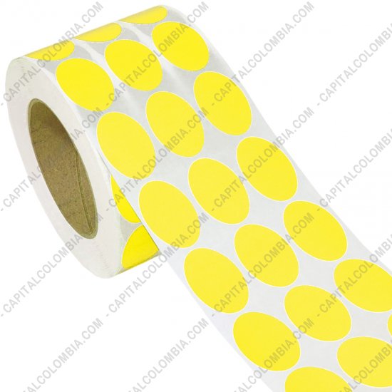 Rollos de etiquetas adhesivas y Nylon Textil, Marca: CapitalColombia - Rollo de etiquetas ovaladas color amarillo en papel de transferencia de 5.000 rótulos a tres columnas de 2.5cms x 4cms (25x40mm) Core 3"