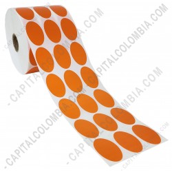 Ampliar foto de Rollo de etiquetas ovaladas color naranja en papel de transferencia de 5.000 rótulos a tres columnas de 2.5cms x 4cms (25x40mm)