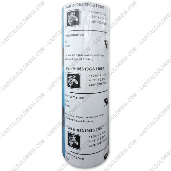 Rollos de etiquetas adhesivas y Nylon Textil, Marca: Zebra - Rollo de cera Zebra color negro de 110mm x 74 mts