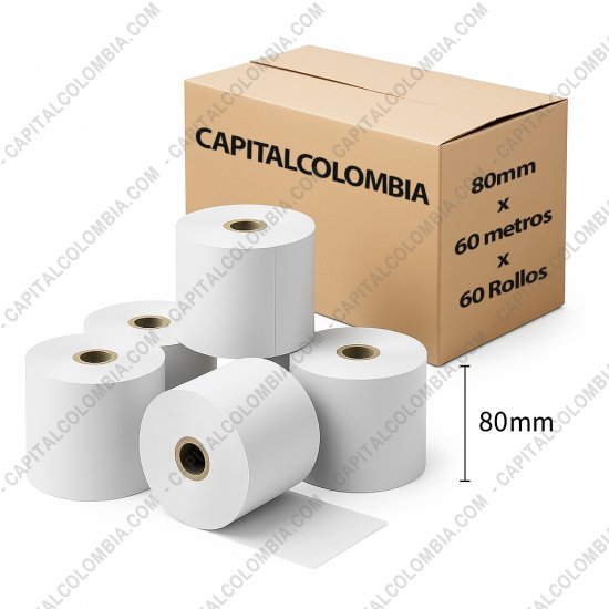 Rollos de papel para impresoras POS, Marca: CapitalColombia - Caja de Rollos de Papel Térmico de 80mm X 60mts X 60 Unidades