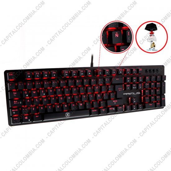 Teclados y Mouse para Gamers, Oficina y Hogar, Webcams y Diademas, Marca: Primus - Teclado Mec&aacute;nico Luz Roja con tecnolog&iacute;a Anti-Ghosting para Jugadores en Espa&ntilde;ol, interruptor Rojo Primus 100T - marca Primus ref. PKS101S